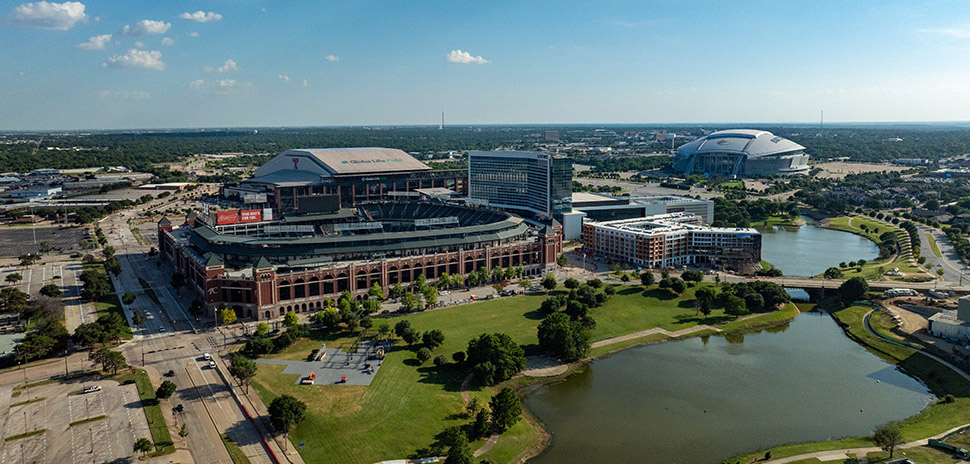 Aerial view of AT&T Stadium and Globe Life Field in Arlington, Texas — EMT Limo service area